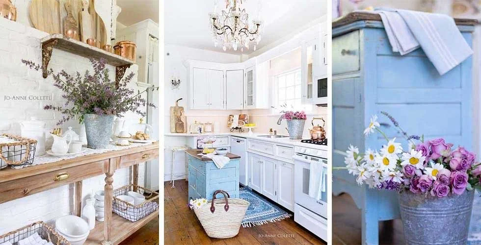 Collage of three images of a bright, white kitchen with rustic and vintage decor. The first image shows a wooden shelf with white teapots and a large lavender arrangement in a gray metal pot. The second image features white cabinetry, a chandelier, a
