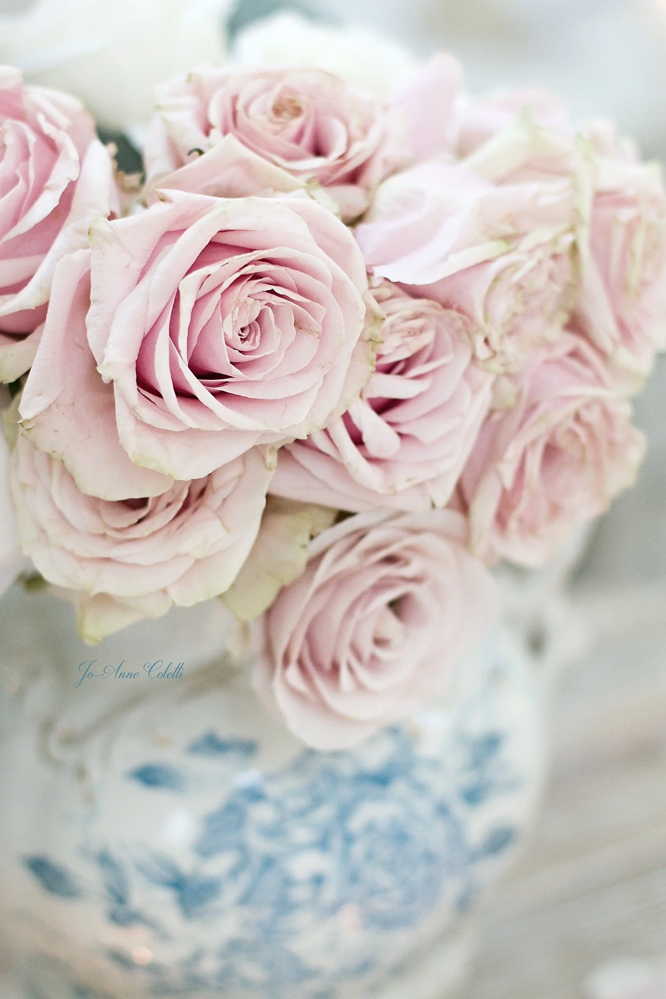 Close-up of a bouquet of pale pink roses on a light-colored surface.