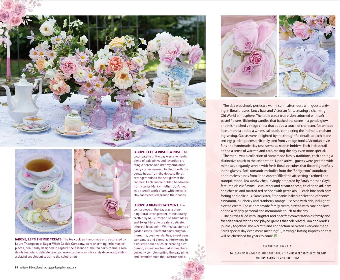 A table set for an outdoor tea party decorated with pastel-colored flowers, vintage china, and pink-themed treats, including a layered cake, cookies, and teacups.