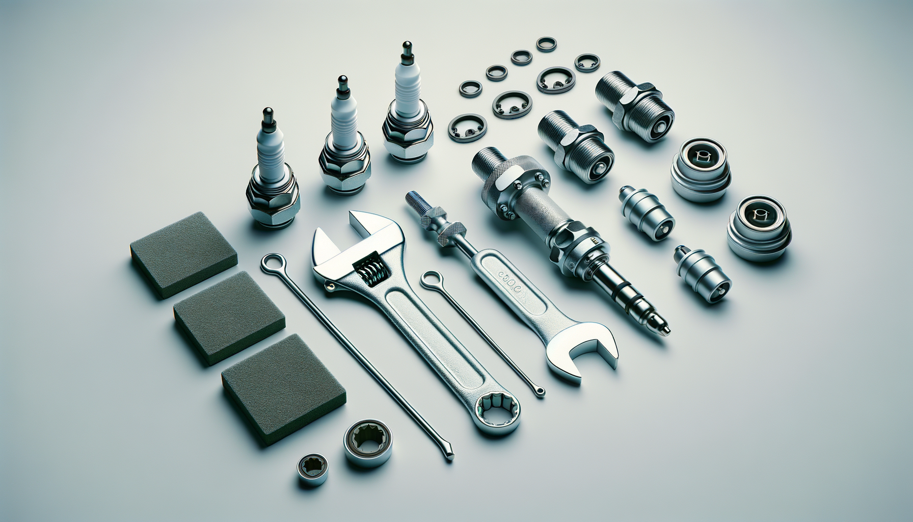 Collection of automotive parts including spark plugs, wrenches, sockets, filters, and other metal tools and connectors laid out on a flat surface.