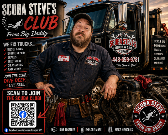A man dressed in mechanic's clothes standing in front of a work truck with the logo of Scuba Steve's Truck & Car Repair. The truck is black with red and white branding. The man has a beard, is wearing a cap, and has tools hanging from his belt. There is a signboard next to the truck displaying services like diesel and gas engine repair, brakes, electrical, and oil changes, and features a QR code and Facebook logo.