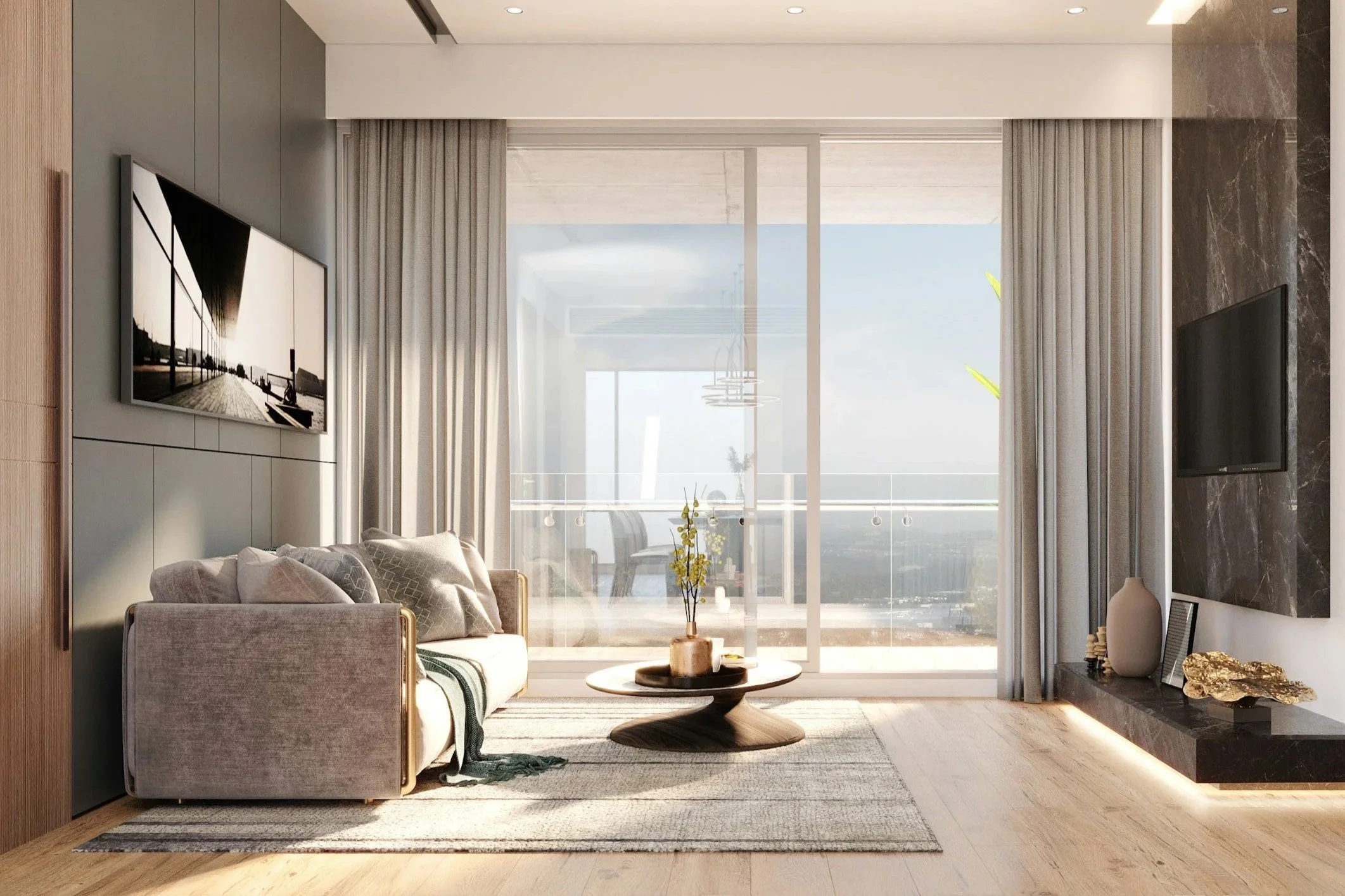 Modern living room with a beige sofa, black coffee table, and a large window with curtains letting in natural light. Wall-mounted TV and artwork over a fireplace with decorative vases and objects.