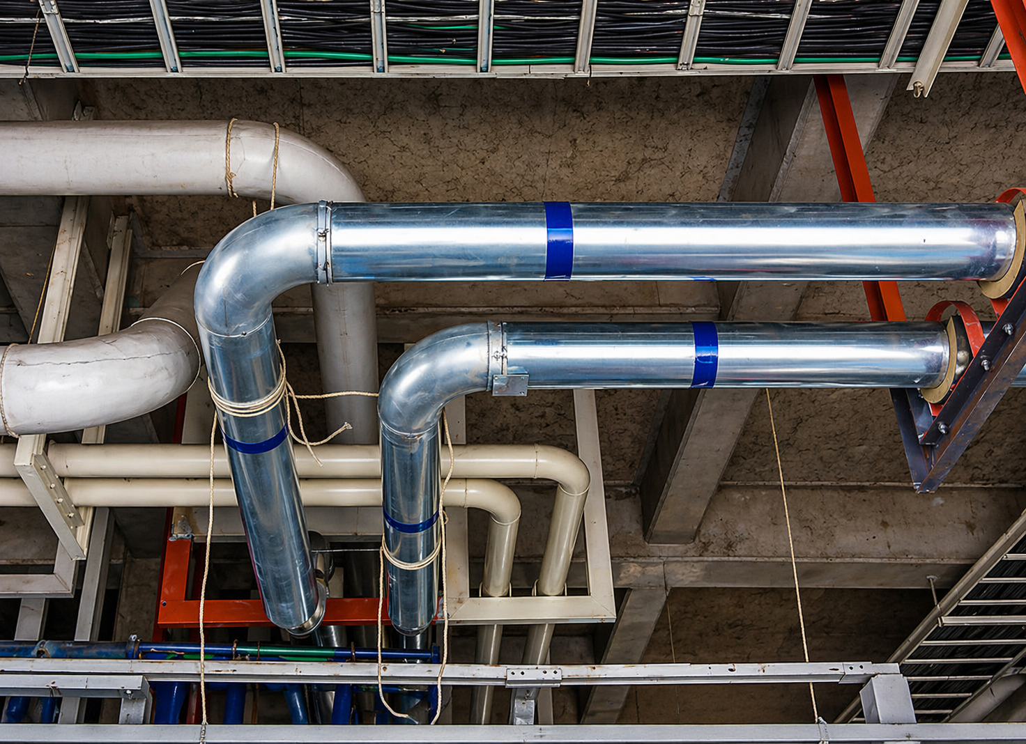 Industrial pipes, including two large shiny metal pipes with blue clamps, mounted on a concrete ceiling with other white and gray pipes visible in the background.