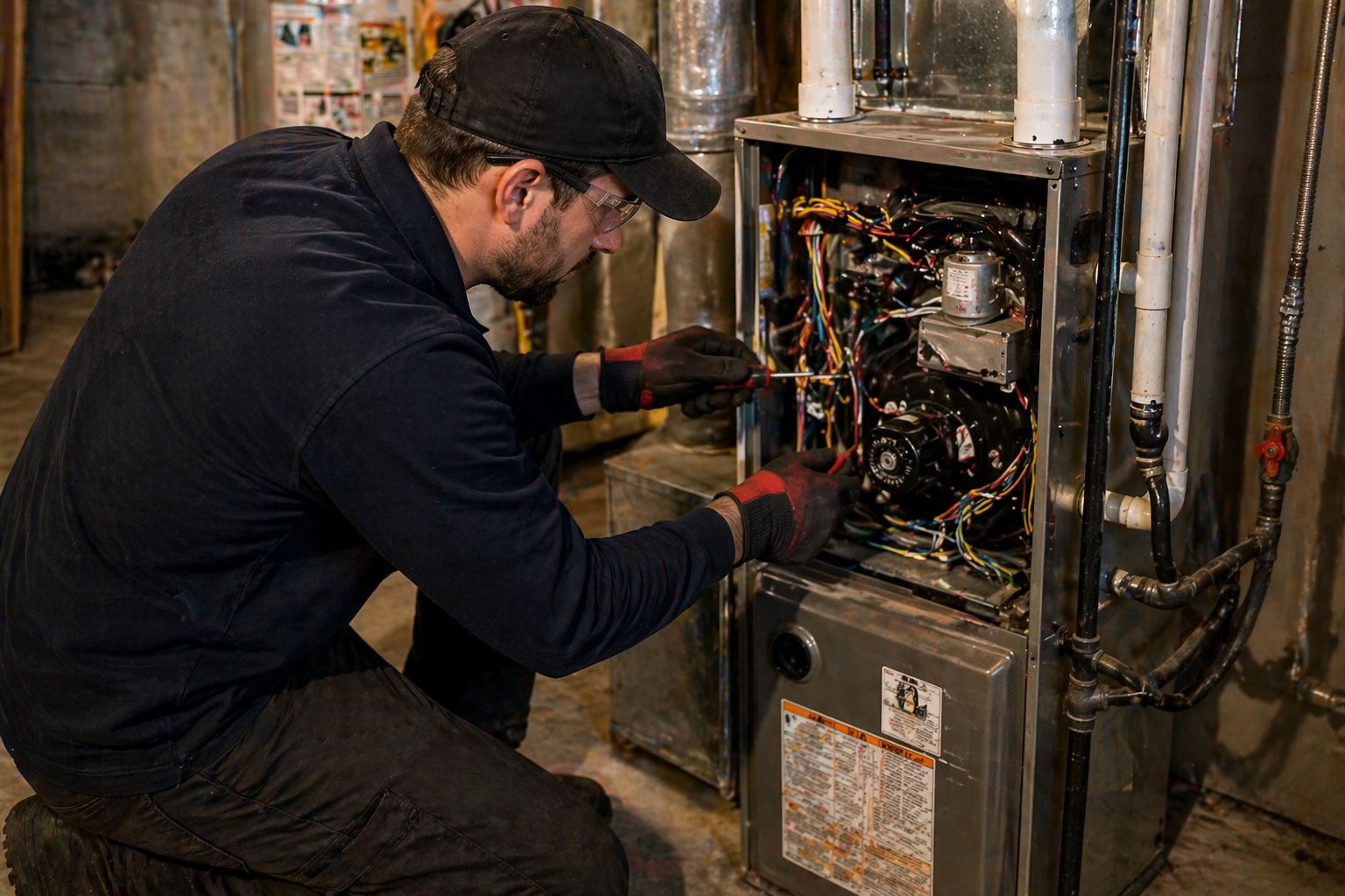 Technician working on a furnace or HVAC unit with exposed wiring and components.
