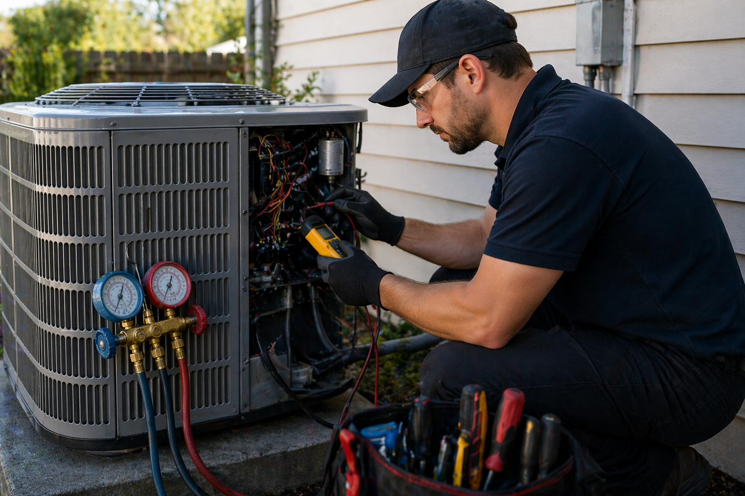 Technician repairs an air conditioning unit outside a house, using a multimeter to check electrical connections, surrounded by tools.
