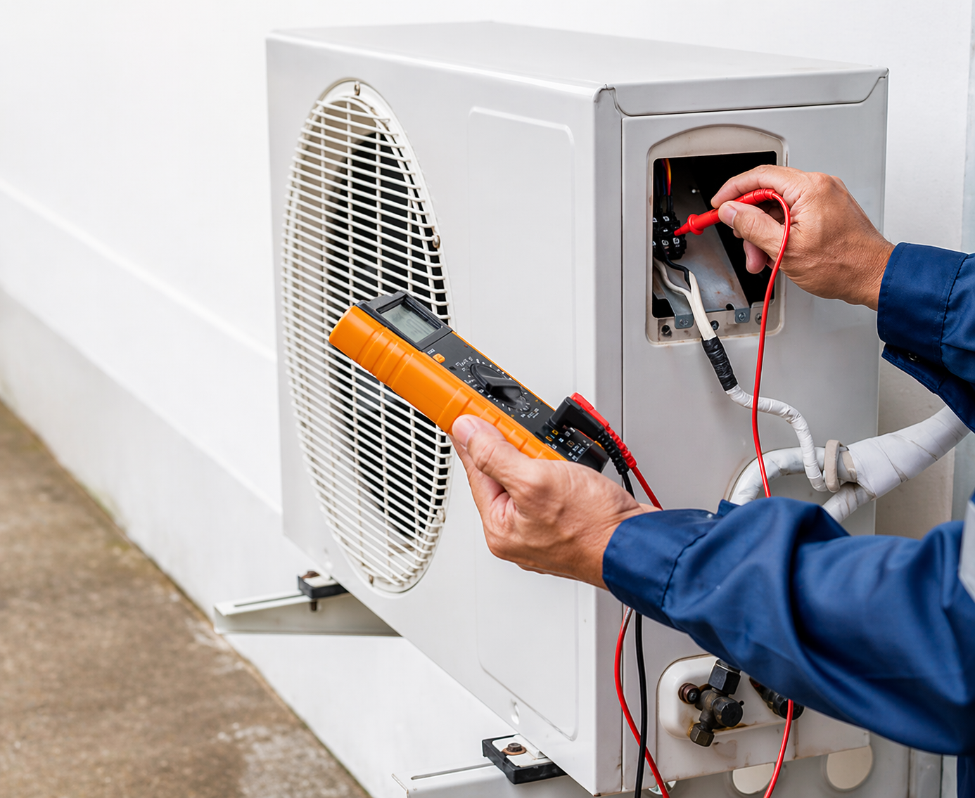 Techician repairing an outdoor air conditioning unit using a multimeter and test wires.