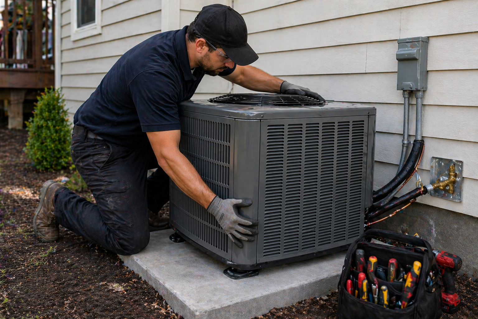 A technician kneeling on a concrete pad, working on a large outdoor air conditioning unit beside a house wall.