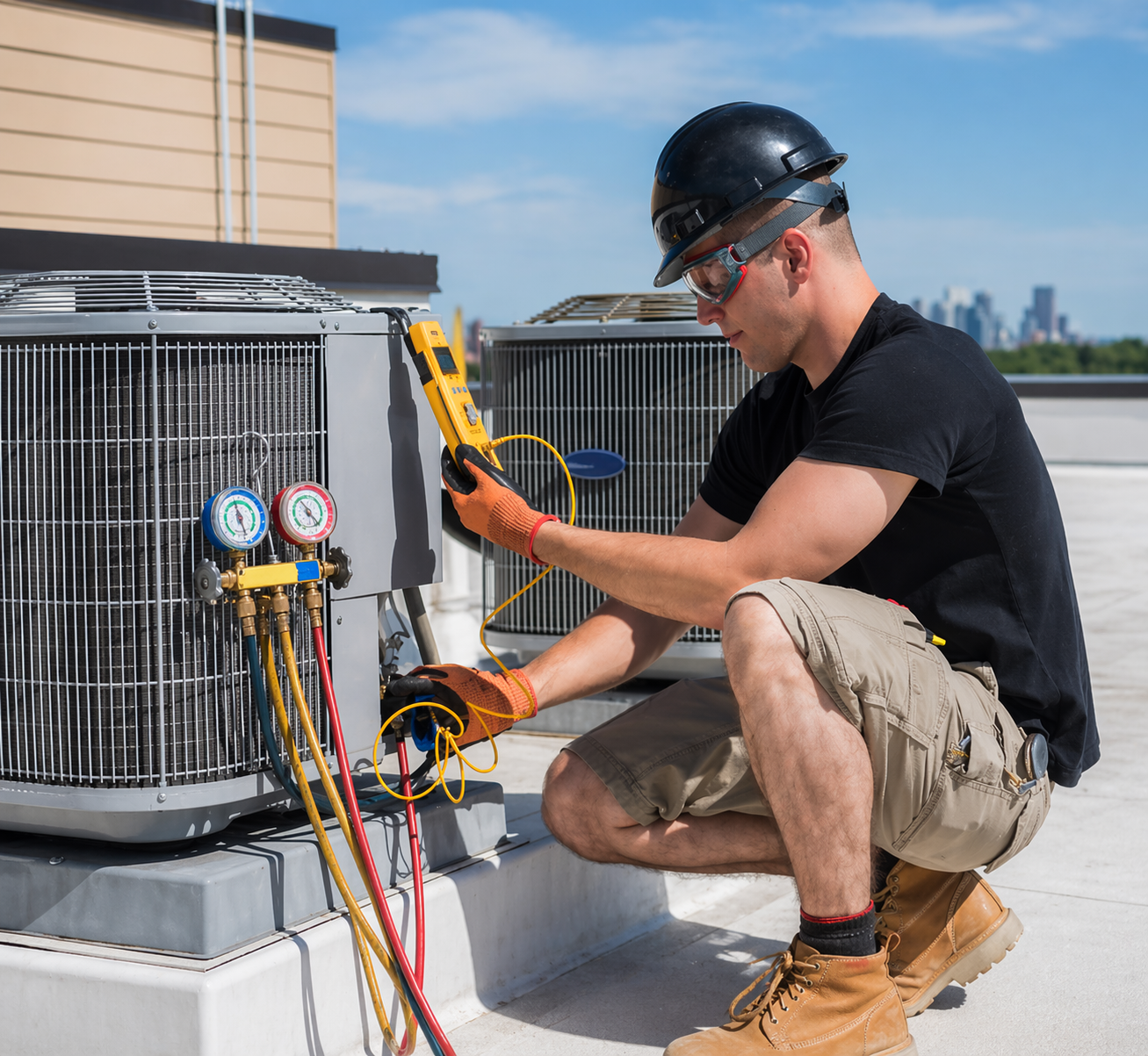 A technician on a rooftop works on an outdoor air conditioning unit using a digital multimeter, wearing safety glasses, a black helmet, gloves, and shorts.