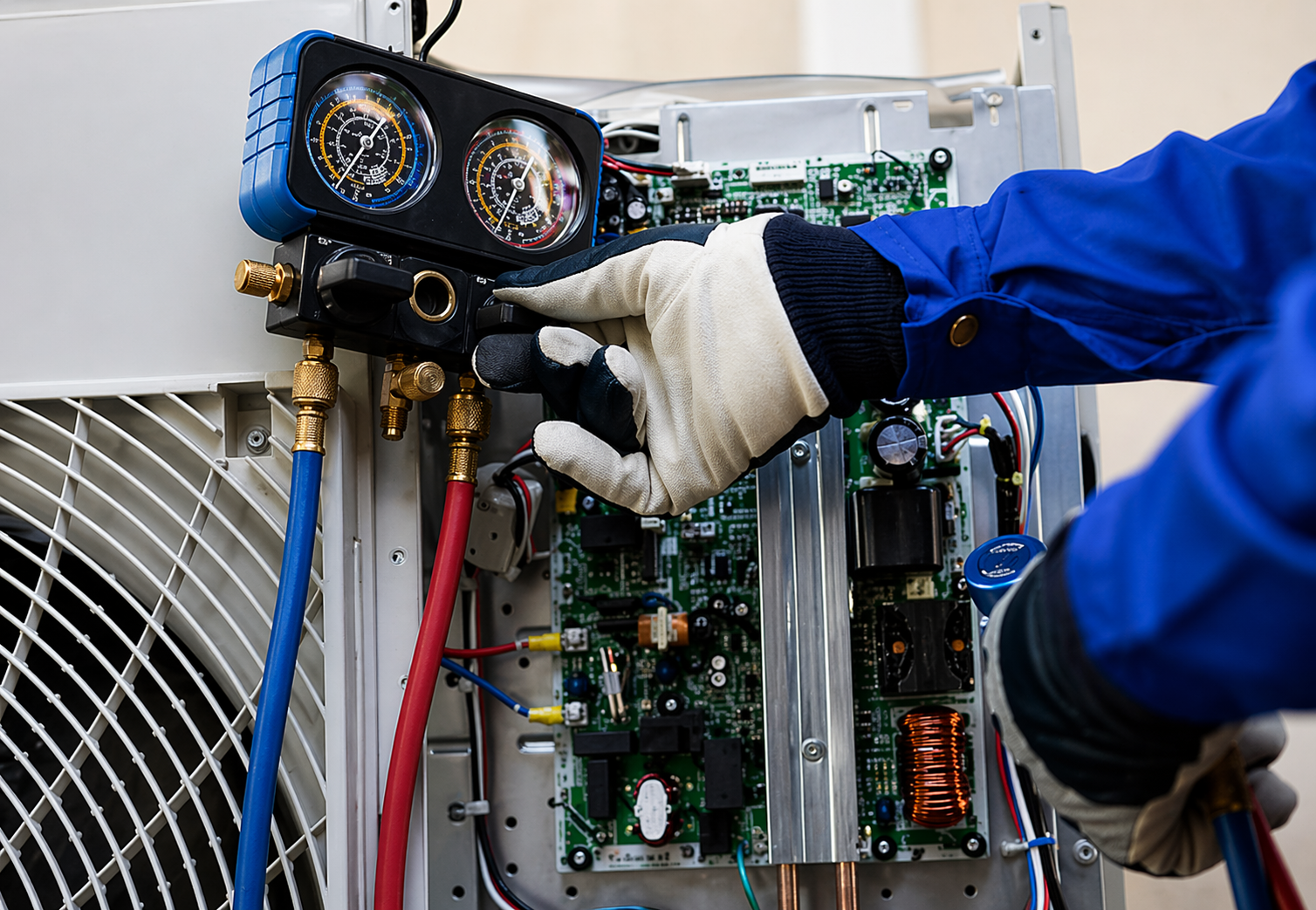 Technician in gloves repairs an HVAC unit, handling gauges and electrical components inside the unit.