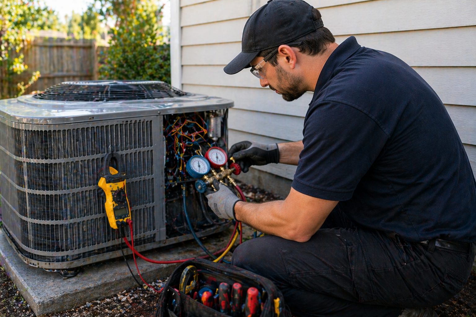 Technician repairing an air conditioning unit outside a house