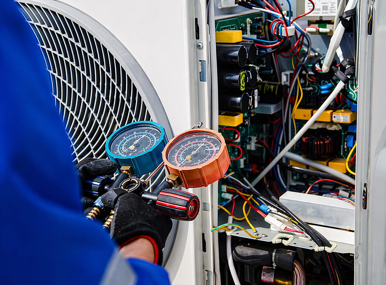 Technician inspecting the electrical components inside an air conditioning unit with gauges and tools.