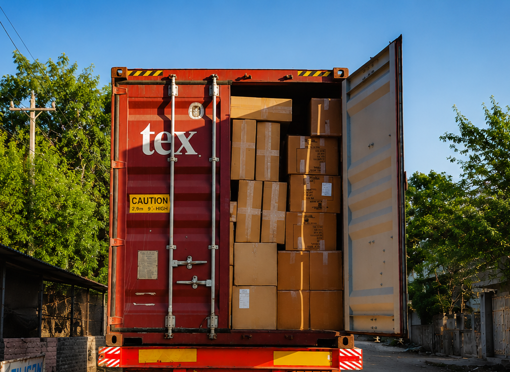 Open shipping container filled with stacked cardboard boxes on a street, with trees and a clear sky in the background.