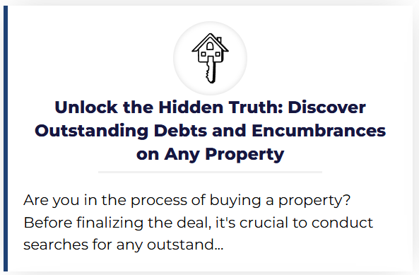 Image promoting property debt discovery services, highlighting hidden debts and encumbrances on real estate.