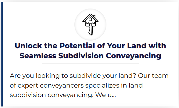 Image promoting land subdivision services to maximize property potential through seamless conveyancing solutions.