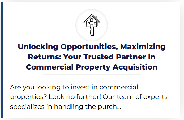 Text with a house and key icon at the top, relating to commercial property investment and expert assistance.