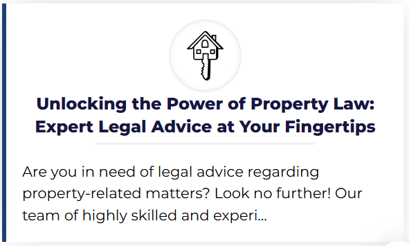Text about unlocking the power of property law with expert legal advice, and an icon of a keyhole in a house outline above the text.
