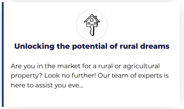Text saying 'Unlocking the potential of rural dreams' with a house and key logo above, and additional text about rural or agricultural property market assistance.