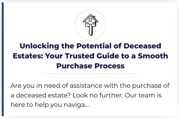 Cover of guide titled 'Unlocking the Potential of Deceased Estates: Your Trusted Guide to a Smooth Purchase Process' with a house and key icon at the top.