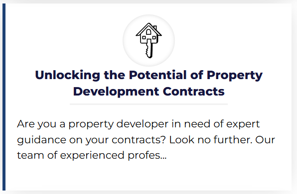Text-based advertisement for property development contracts with a house and key icon at the top.