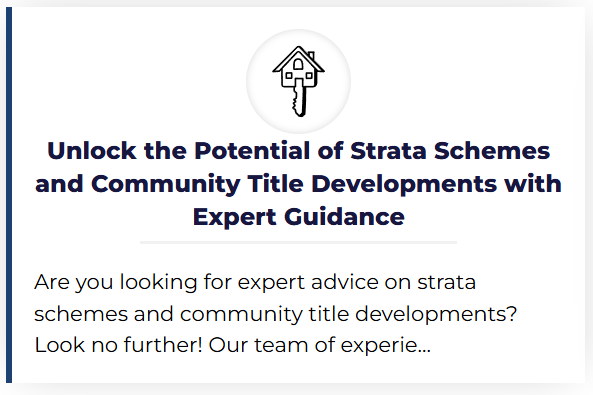 Promotion for expert guidance on strata schemes and community title developments with text and a house icon.