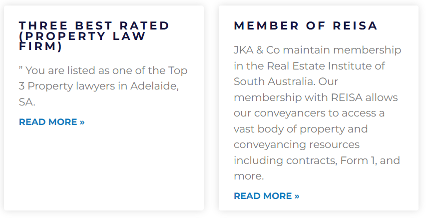 Two text boxes with headings 'Three Best Rated Property Law Firm' and 'Member of REISA,' containing information about property lawyers and REISA membership in Australia, with 'Read More' links.