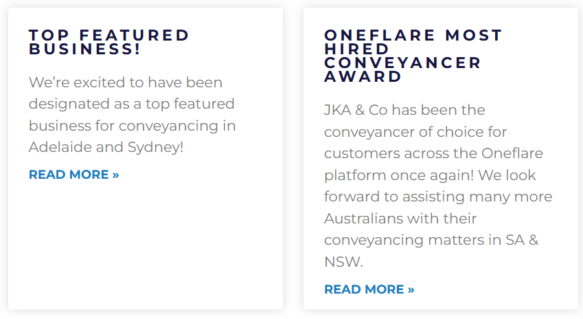 Two side-by-side news articles with titles and summaries, the first about being a top featured business for conveyancing in Adelaide and Sydney, and the second about the Oneflare Most Hired Conveyancer Award for JKA & Co.