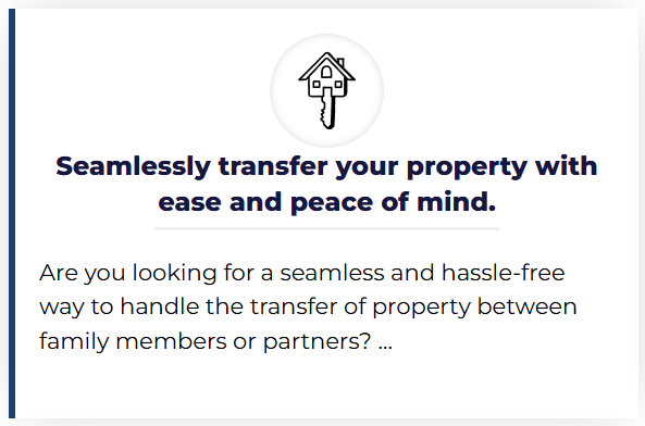 Graphic of a house key with a house symbol, and text promoting seamless property transfer for peace of mind.