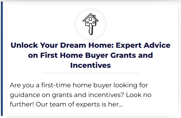 Webpage header about expert advice on first home buyer grants and incentives.