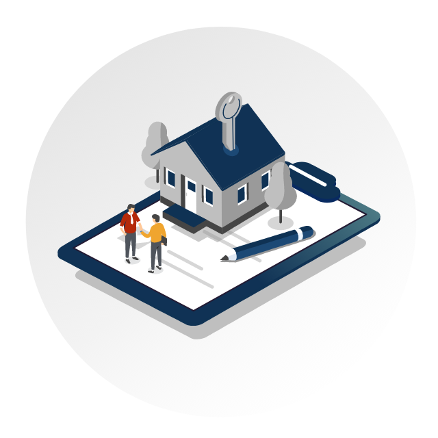 Illustration of a house on a tablet with a large key, a pen, and two people shaking hands nearby.