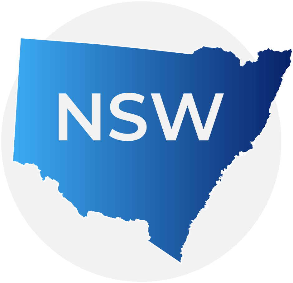 Map of New South Wales, Australia, with the letters "NSW" in the center.