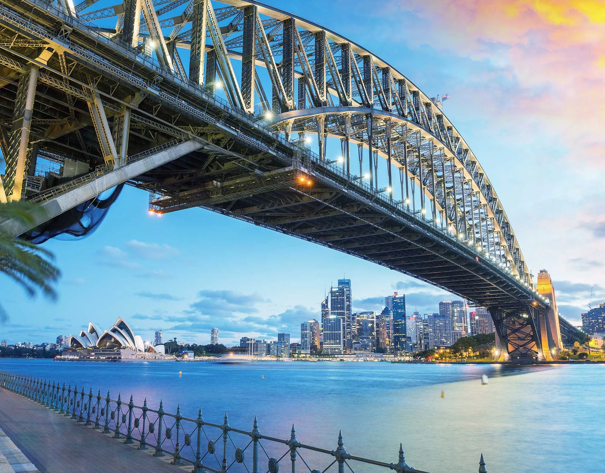 A panoramic view of Sydney Harbour Bridge at dusk with city skyline and Opera House in the background, creating a serene and iconic urban scene.