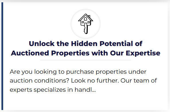 Promotional message encouraging property auction purchases with a house and key logo at the top.