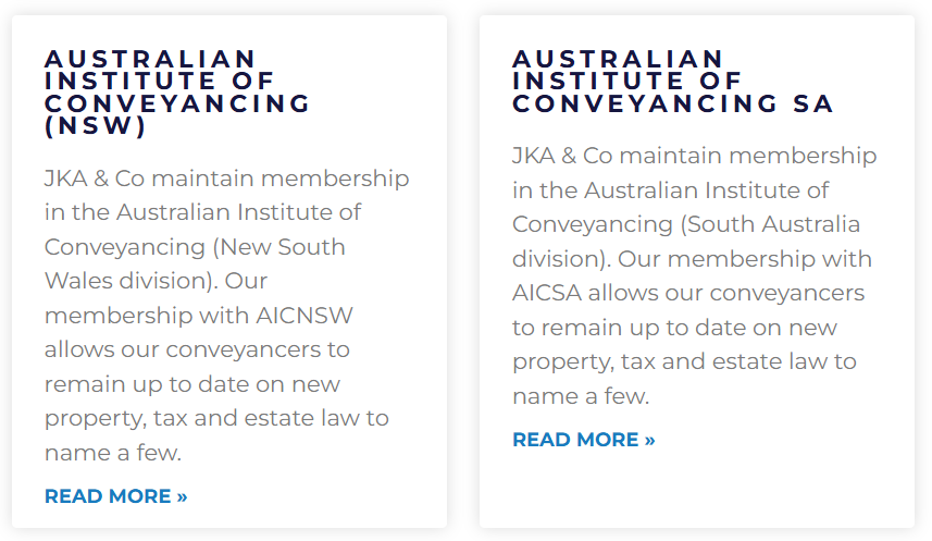 Text comparing two memberships of the Australian Institute of Conveyancing in New South Wales and South Australia, with 'Read More' links.