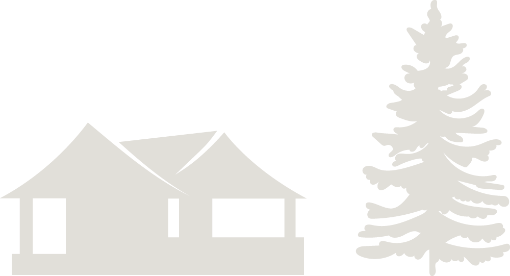 A black and white illustration of a house with a tree beside it.