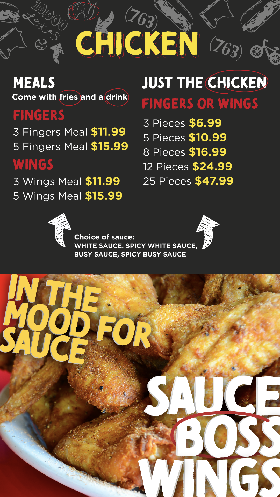 Chalkboard menu promoting chicken dishes. It lists meal options with fries and drinks, chicken fingers and wings with prices, and offers various sauces. Part of a plate of fried chicken pieces is visible at the bottom.