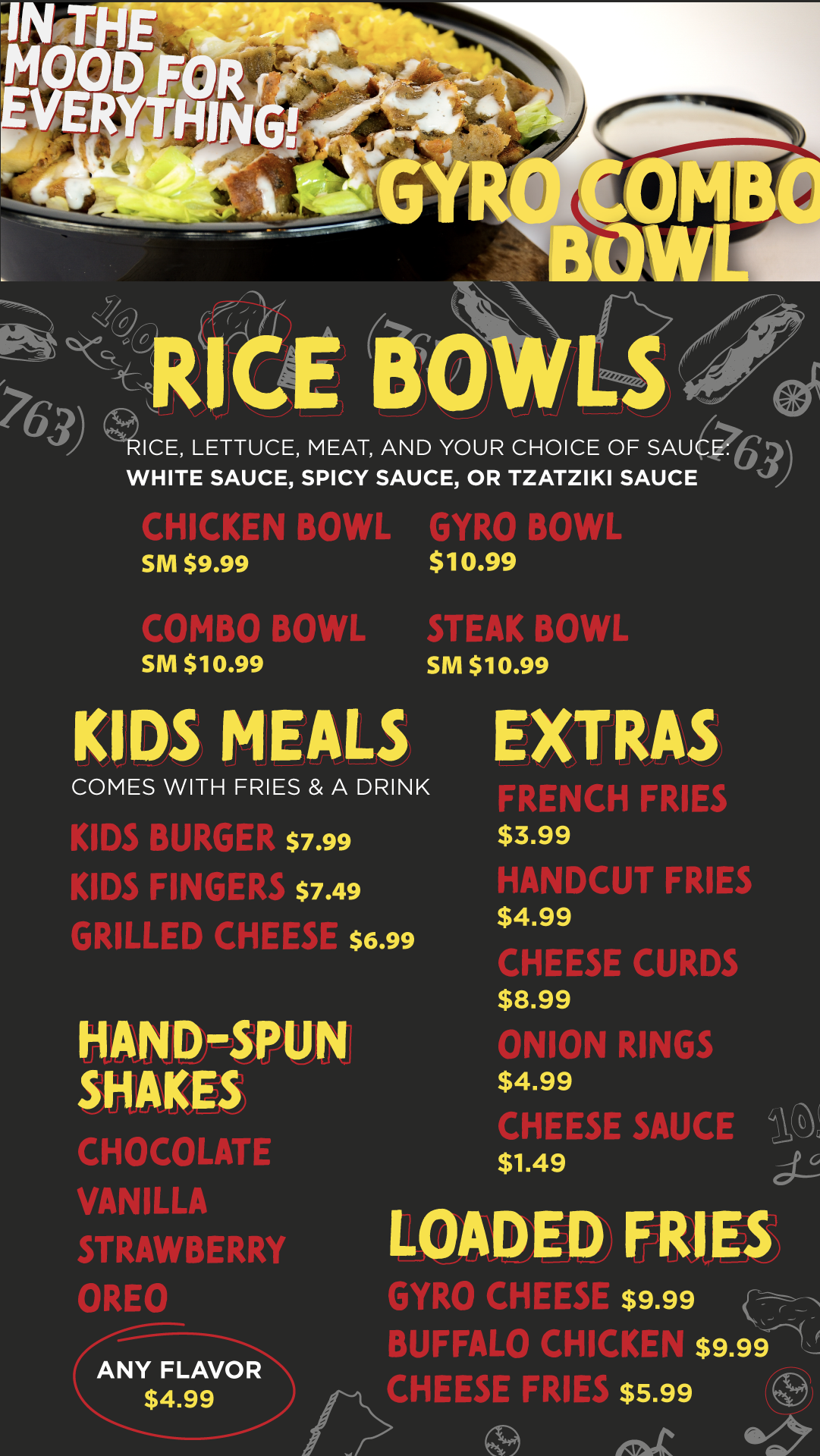 Menu board with various food options including rice bowls, kids meals, extras, and loaded fries, with prices listed.