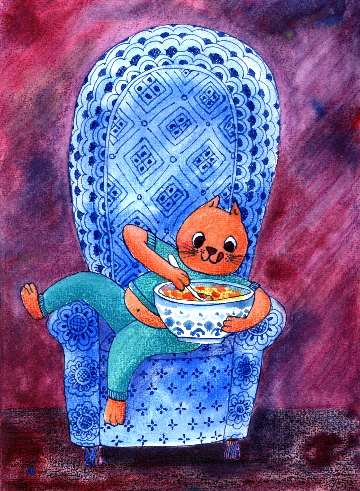 Watercolours_Ink Pen_Pastles_Hungry_Cat_Cozy_Chair.jpg