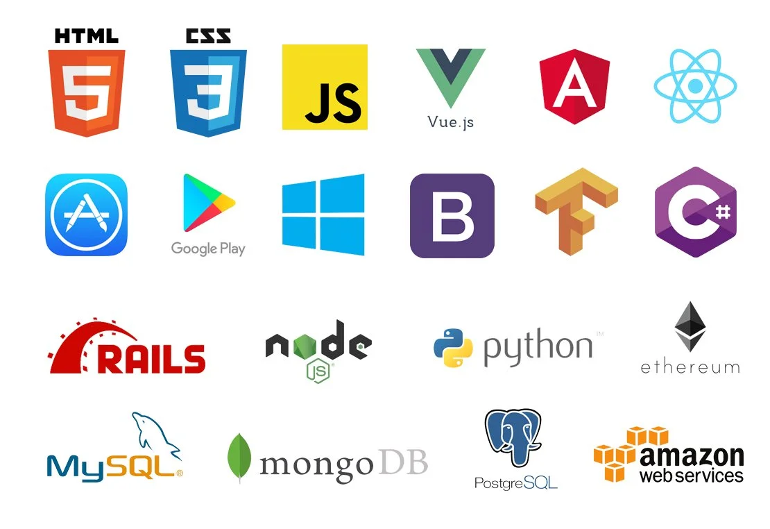Collection of logos for web development technologies, programming languages, frameworks, and cloud services, including HTML5, CSS3, JavaScript, Vue.js, Angular, React, Apple App Store, Google Play Store, Windows, Bootstrap, TensorFlow, C#, Rails, Node.js, Python, Ethereum, MySQL, MongoDB, PostgreSQL, and Amazon Web Services.