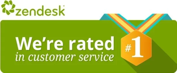 Zendesk customer service rating badge with the text "We're rated #1 in customer service" on a green background.