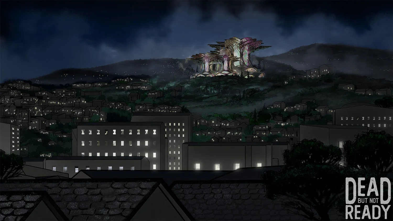 Nighttime cityscape with illuminated buildings in the foreground, rolling hills with small houses, and a large futuristic structure on the hillside in the background. The sky is dark with clouds, and the image has a dark, eerie tone. The bottom right