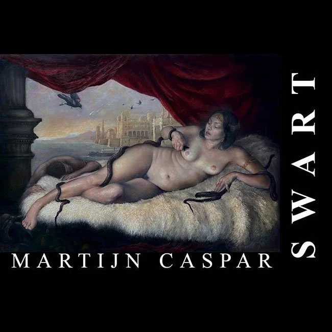A classical style painting of a reclining nude woman with dark, curly hair and closed eyes, lying on a sheepskin rug with snakes coiled around her body, set against a dark red curtain backdrop and a distant castle or cityscape background.