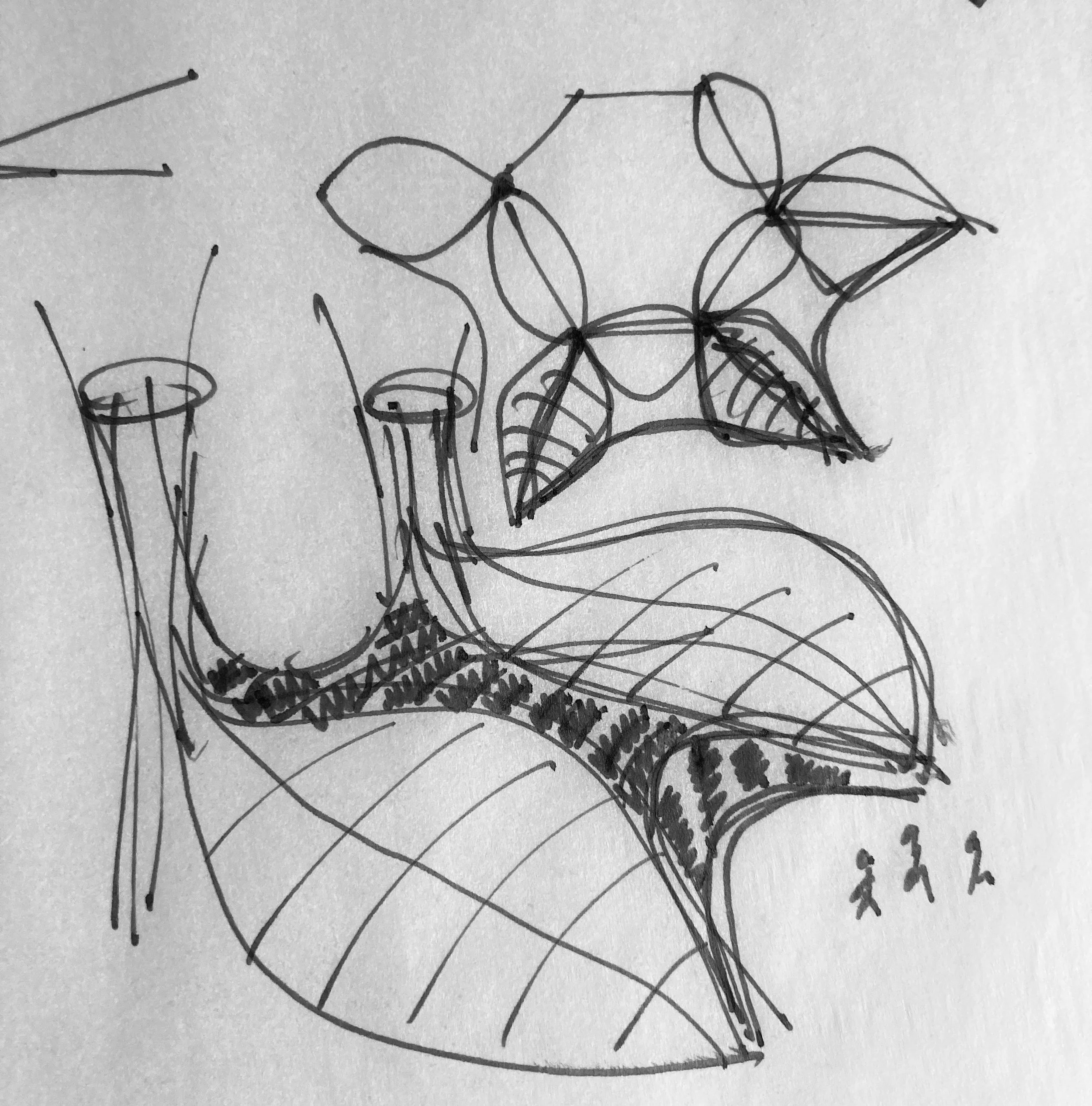 A black pen architectural drawing resembling abstract flowers, leaves, and stems on paper.