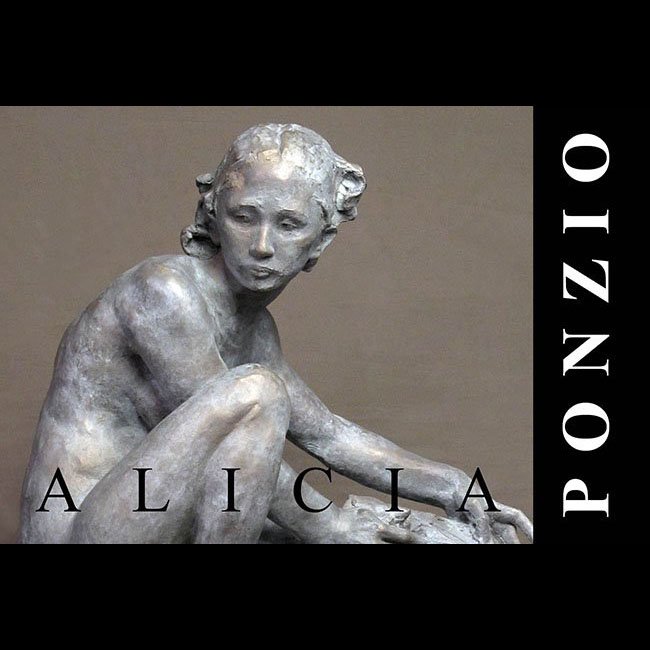 Sculpture of a seated woman with short hair, looking to the side, with the text 'ALICIA' at the bottom and 'PONZIO' on the right side.