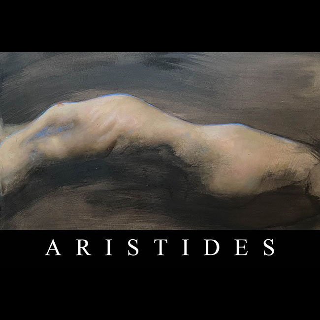 Painting of a reclining nude male figure, with the text 'Aristides' below.