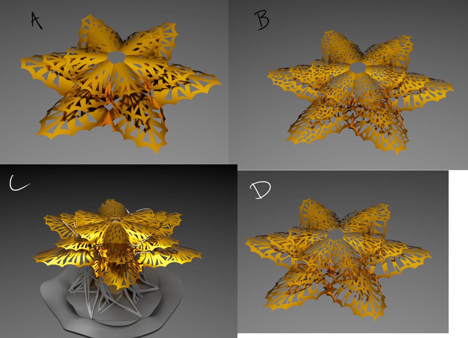 Digital 3D render of a yellow, intricate, abstract umbrella-like structure with a honeycomb pattern, shown from four different angles labeled A, B, C, and D.