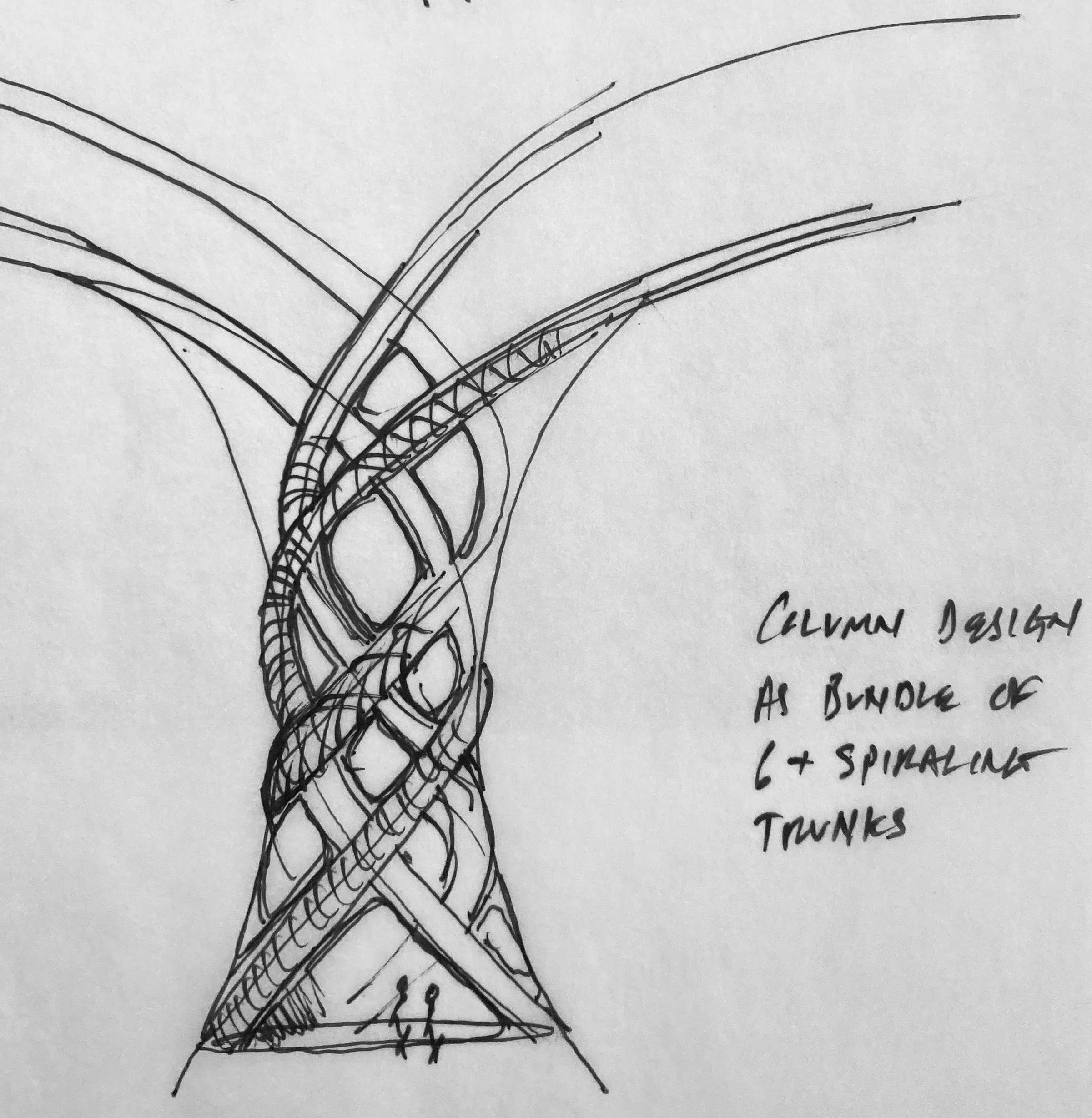 Hand-drawn sketch of a complex column. Handwritten notes indicate design considerations.