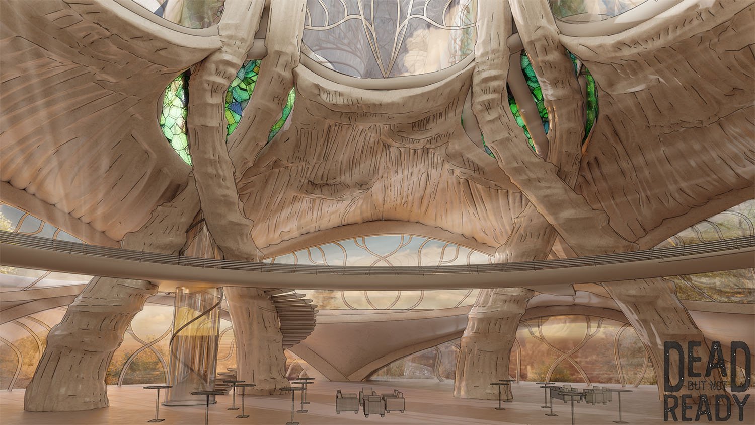 Interior of a modern building designed to resemble a giant tree, with large curved wooden structures and stained glass windows. A circular walkway surrounds the tree-like structures, with seating and tables visible in the foreground.