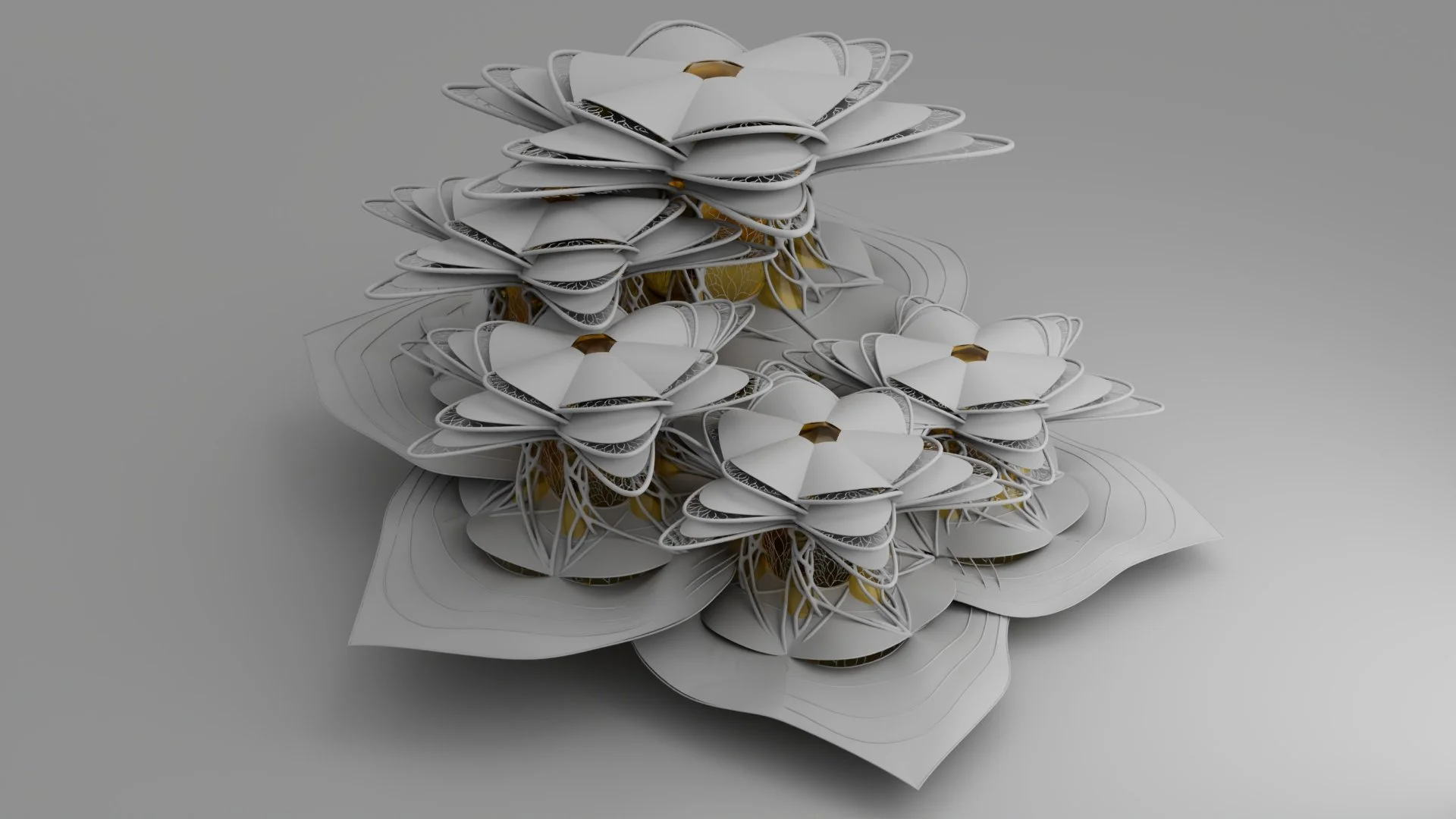 Abstract 3D digital sculpture of layered white flower shapes with intricate details and some gold accents, set against a plain gray background.