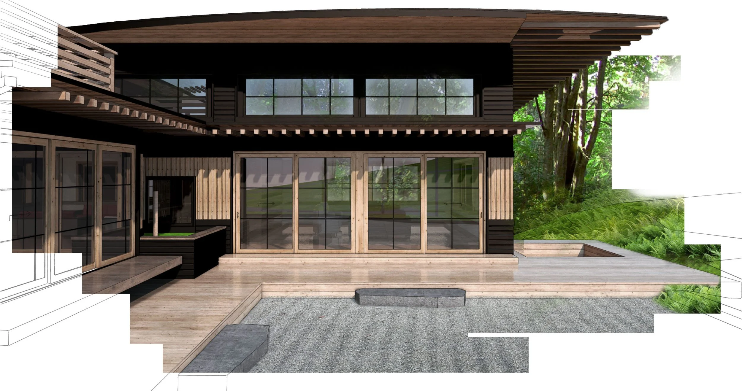 A modern japanese home with a sweeping roof and large sliding doors.