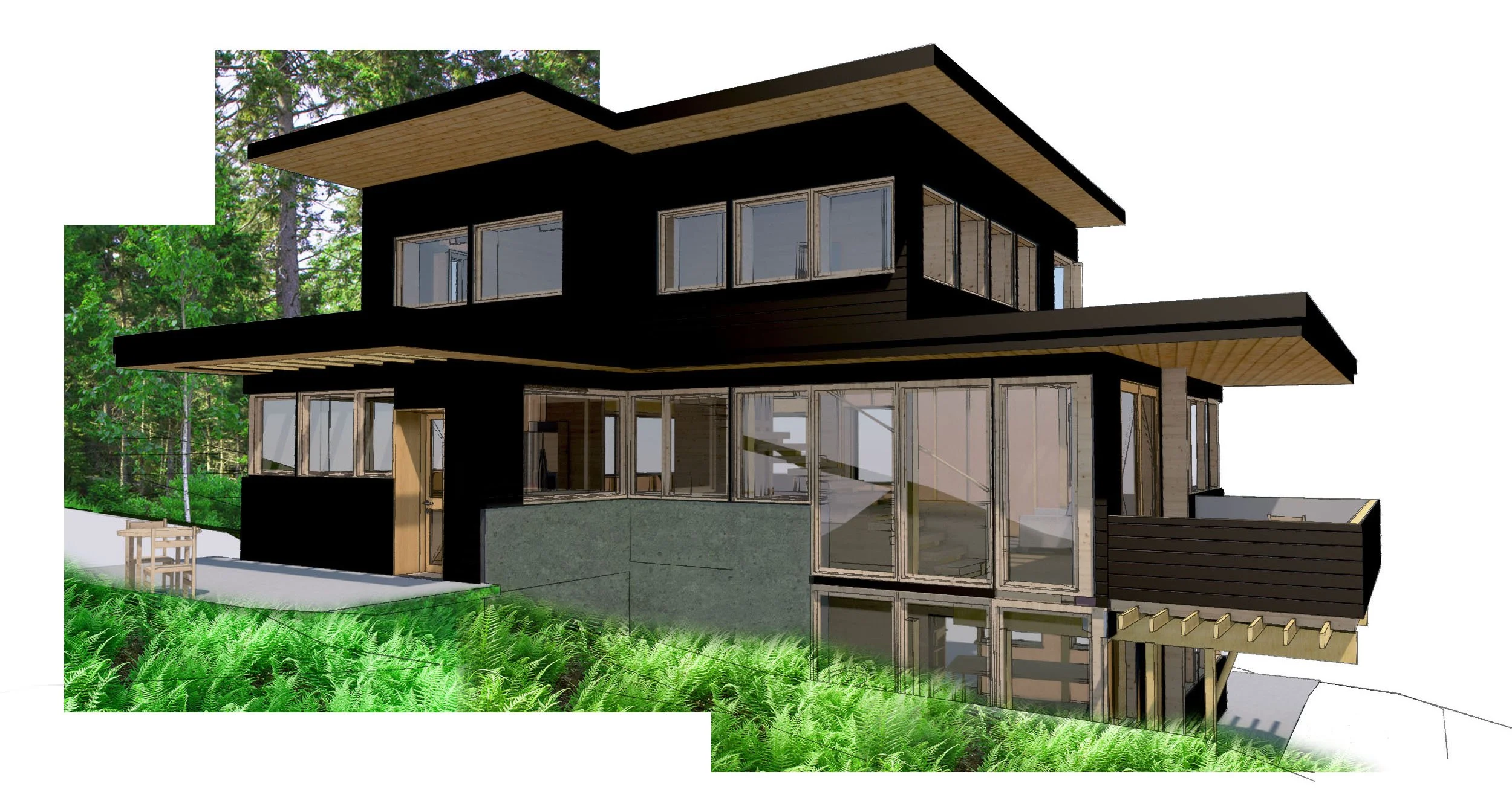 An architect-designed modern home in the forest with large windows on Vashon.